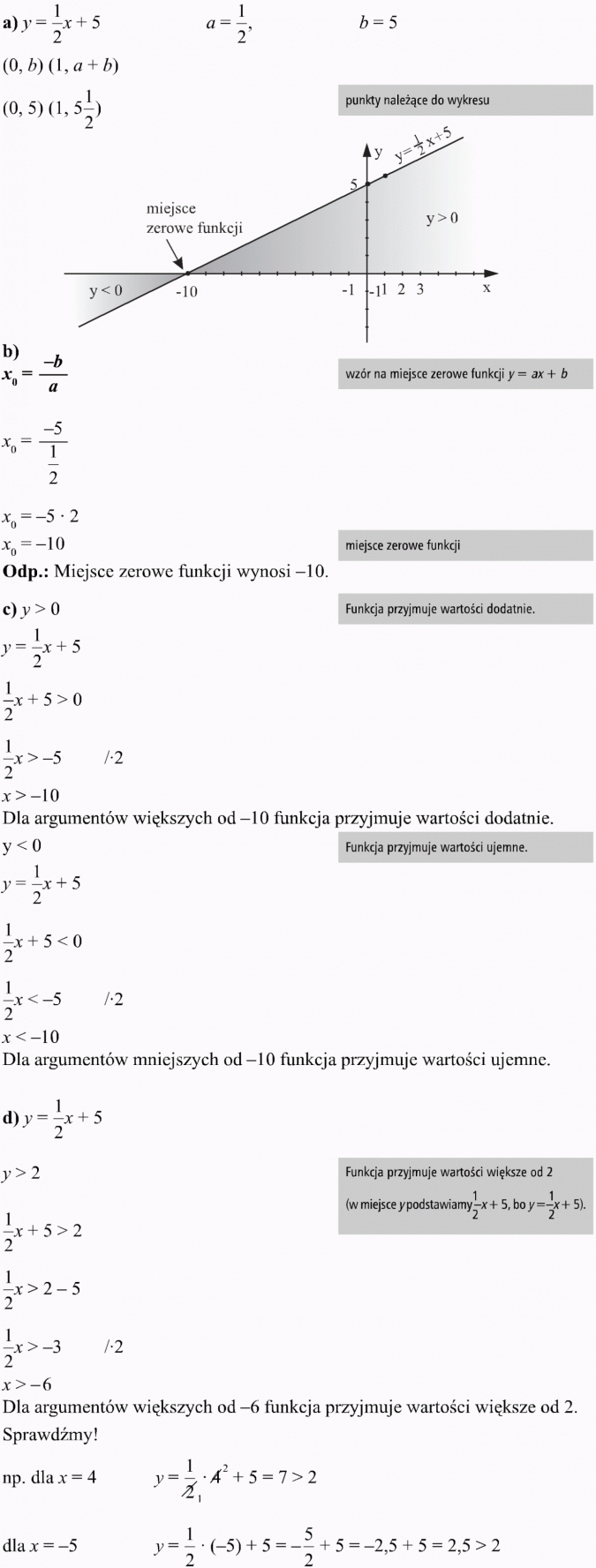 Funkcja liniowa i jej własności. Punkty należące do wykresu. Miejsce zerowe funkcji. Wzór na miejsce zerowe funkcji y = ax + b. Miejsce zerowe funkcji wynosi -10. Funkcja przyjmuje wartości dodatnie. Dla argumentów większych od -10 funkcja przyjmuje wartości dodatnie. Dla argumentów mniejszych od -10 funkcja przyjmuje wartości ujemne. Funkcja przyjmuje wartości większe od 2 (w miejsce y podstawiamy...). Dla argumentów większych od -6 funkcja przyjmuje wartości większe od 2. Sprawdźmy!